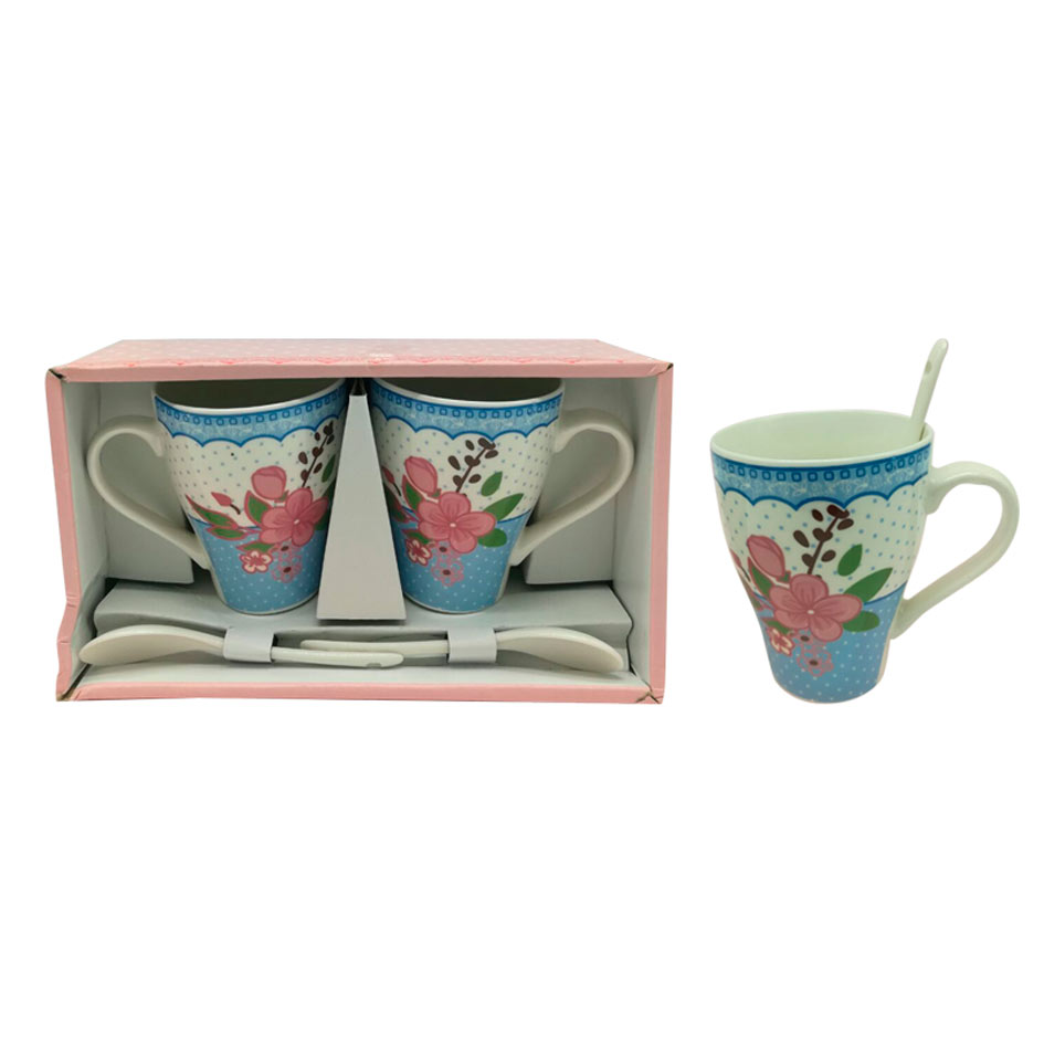 Juego Tazas Porcel 2 Piezas Con Cuchara Mia-6060