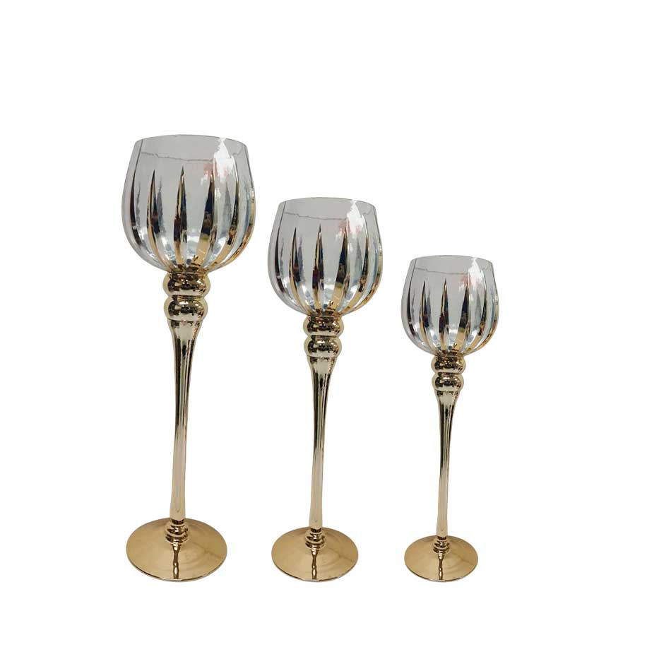 Candelabro De Vidrio Dorado 3 Piezas Mia11461